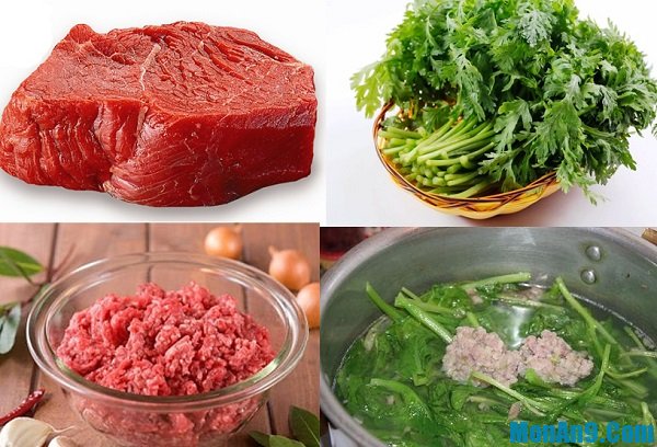 Chuẩn bị nguyên liệu cho món canh cải cúc thịt bò 